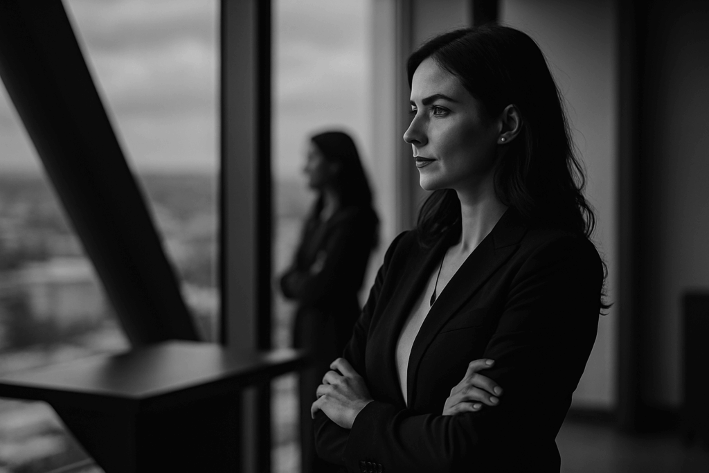 Female executive recruiter in black and white, standing in high-rise office overlooking city skyline — symbolizing leadership, clarity, and talent strategy