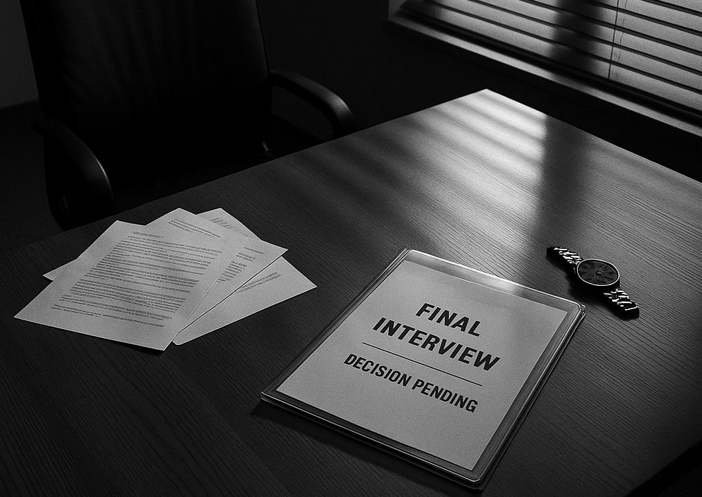 Black and white image of a decision-maker facing a high-stakes hiring choice at a conference table, symbolizing recruitment pressure.