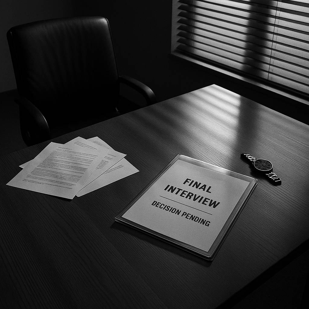 Black and white image of a decision-maker facing a high-stakes hiring choice at a conference table, symbolizing recruitment pressure.