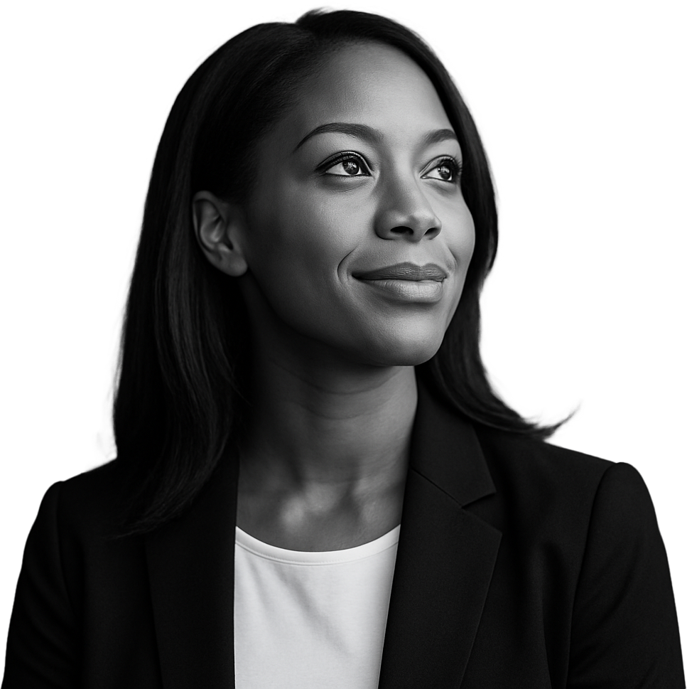 Black and white portrait of a confident executive looking upward, symbolizing ambition, vision, and AVAHD’s precision in leadership recruitment.